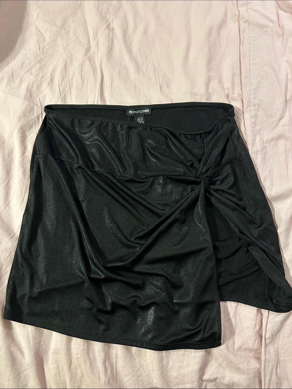 PrettyLittleThing Black Shimmer Asymmetrical Knot Mini Skirt
